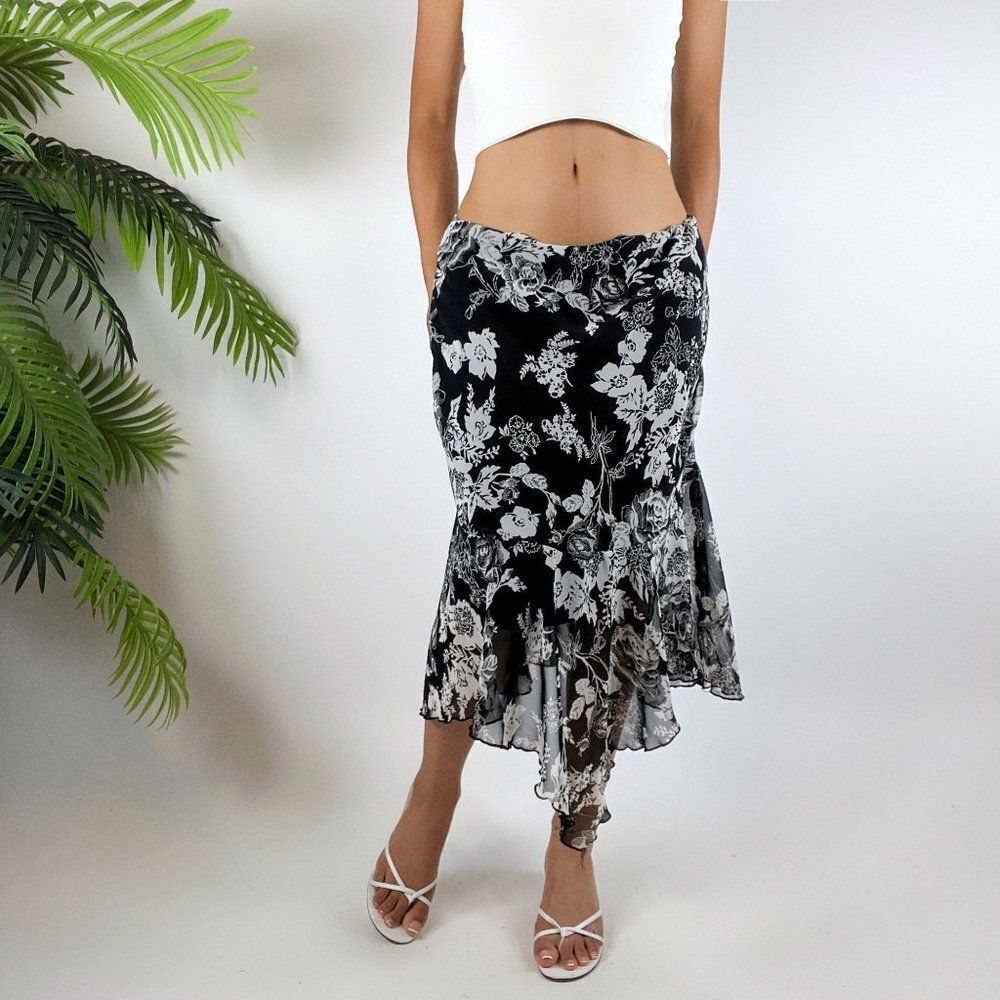 Vintage 90s Black Floral Fairy Grunge Low Rise Whimsygoth Midi Skirt / Size: 12